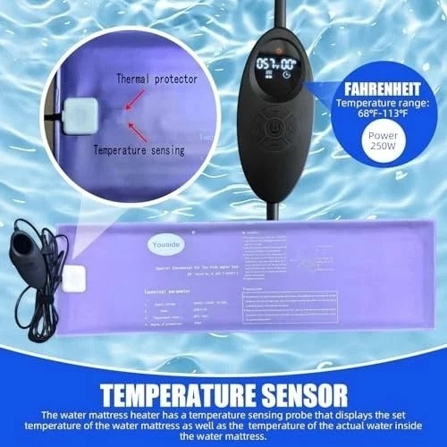 Smart Waterbed Heater with LED Digital Controller, 250W Waterbed Heating Pad