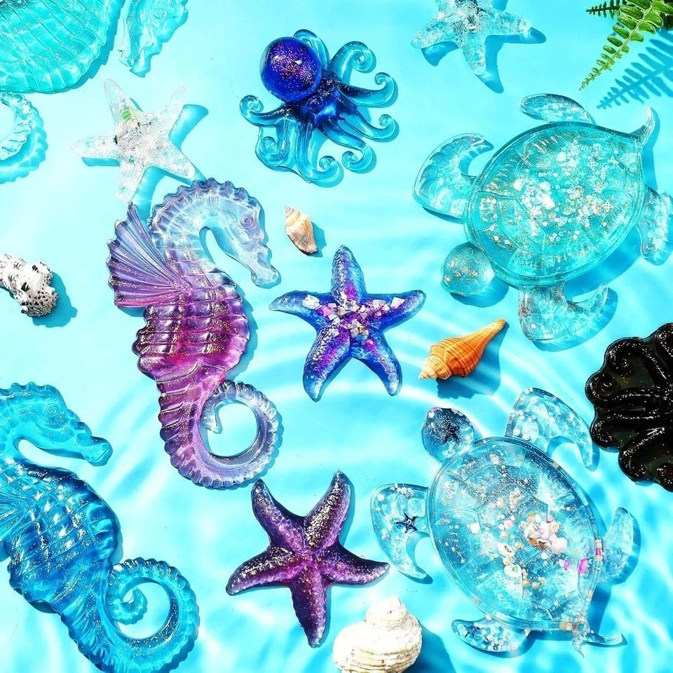 4 Pcs Ocean Theme Resin Molds 3D Large Silicone Epoxy Resin Seahorse Shells Star