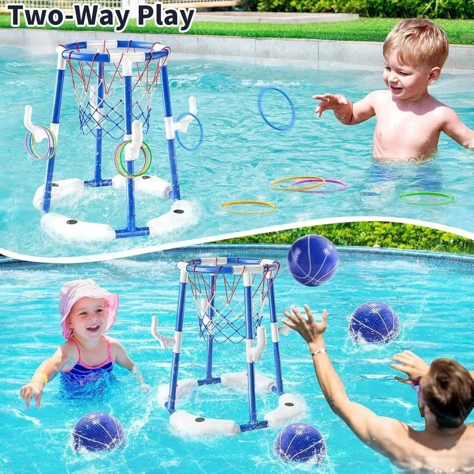 Pool Basketball Hoop, 2-In-1 Floating Pool Toys Ring Game with 4 Balls and Pump,