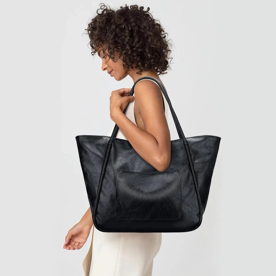 Large Leather Tote Bag for Women - Zipper Travel Purse - Black