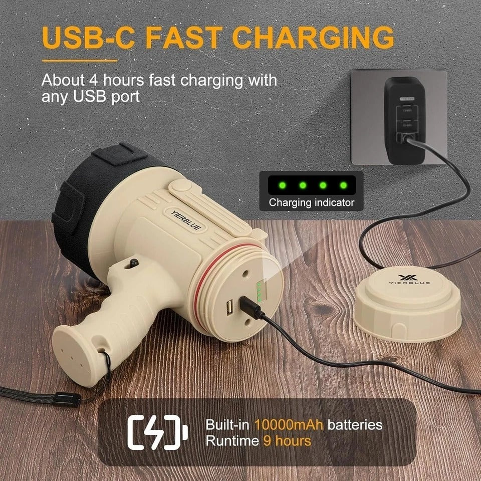 Rechargeable Spotlight Flashlight with 1000,000 Lumen LED, IP67 Waterproof Long