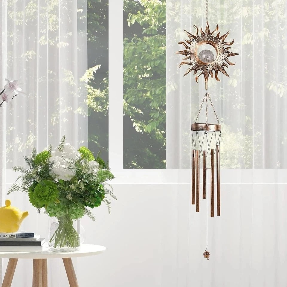 Solar Wind Chimes, Sun Wind Chime Outdoor Clearance W/Glowing Crackle Glass LED