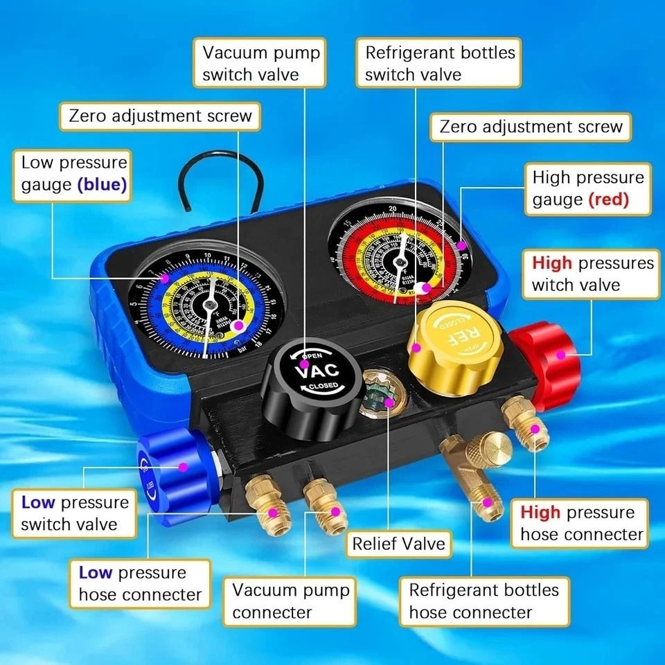 AC Manifold Gauge Set R134A R1234YF, Automotive 4 Way Car AC Gauge Set for R1234