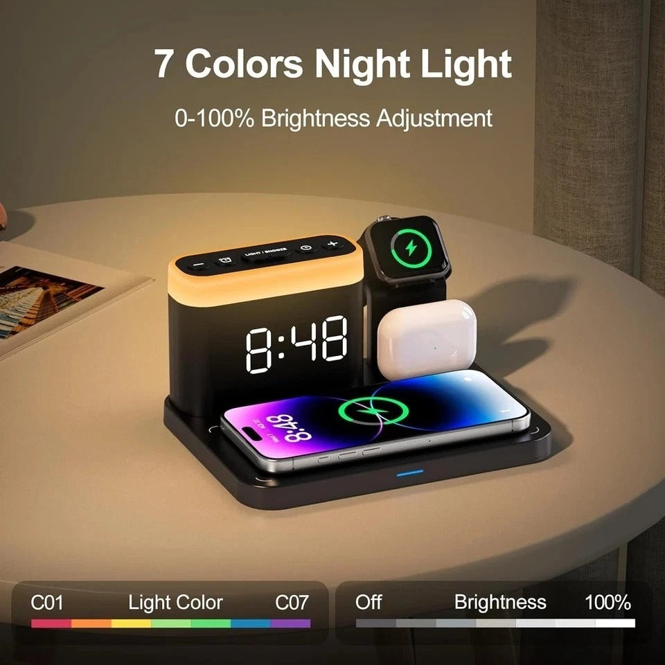 5-in-1 Wireless Charging Station with Alarm Clock & Night Light for iPhone & Wat