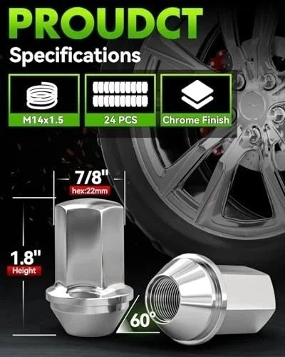 24 PCS 14x1.5 Pitch Studs Wheel Lug Nuts, 1.8 inch Height OEM 24pcs（14x1.5 CH）