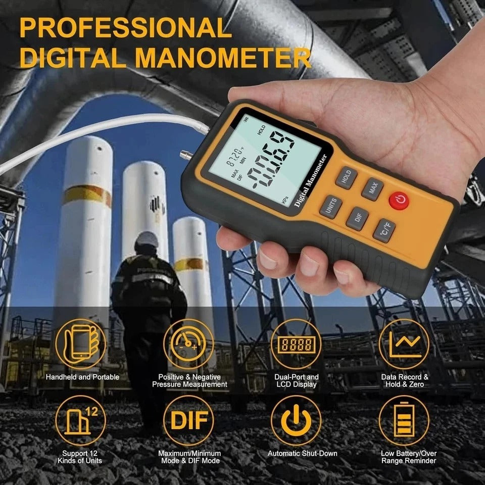Manometer, Professional Air Pressure Meter, Dual-Port HVAC Digital Manometer Gas