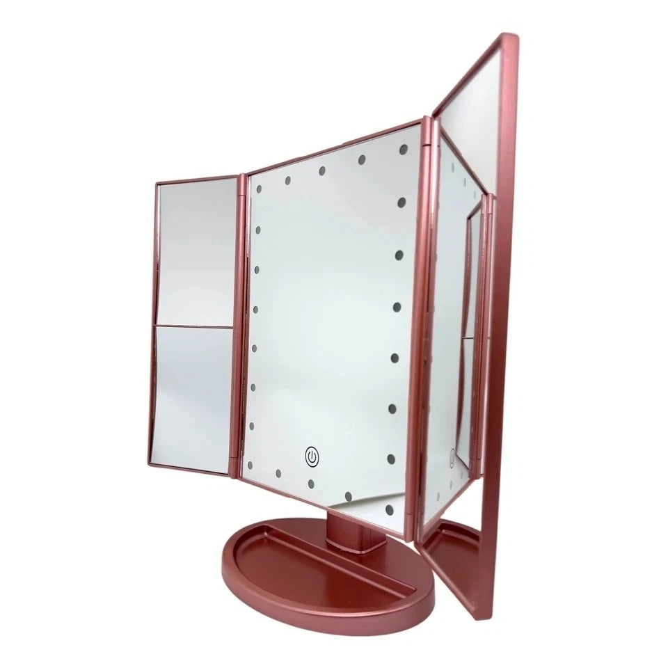 Tri-Fold Lighted Vanity Makeup Mirror 22 LED 1x 2x 3x Rose Gold USB Dimmable New