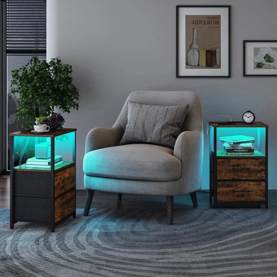 LED End Table with Charging Station, Night Stand, Side Table with 2 USB Ports...