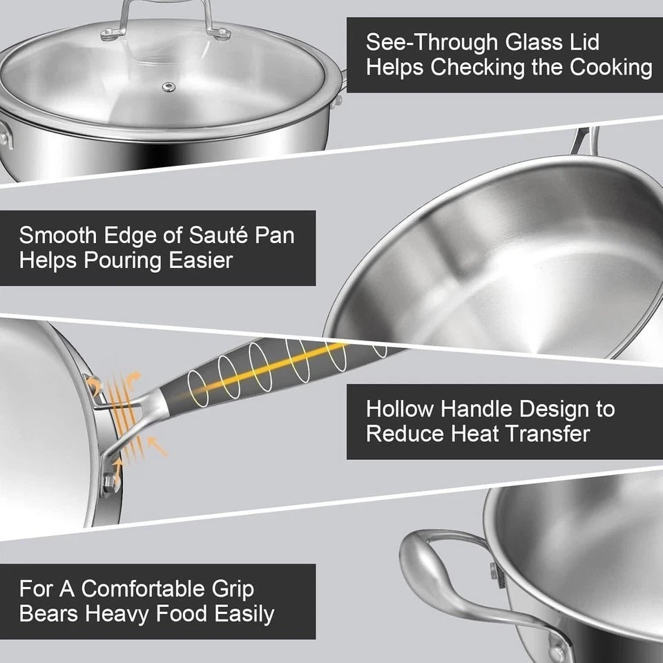 12 Inch Tri-Ply Stainless Steel Frying Pan, 5-Quart Deep Saute Pan with lids,...