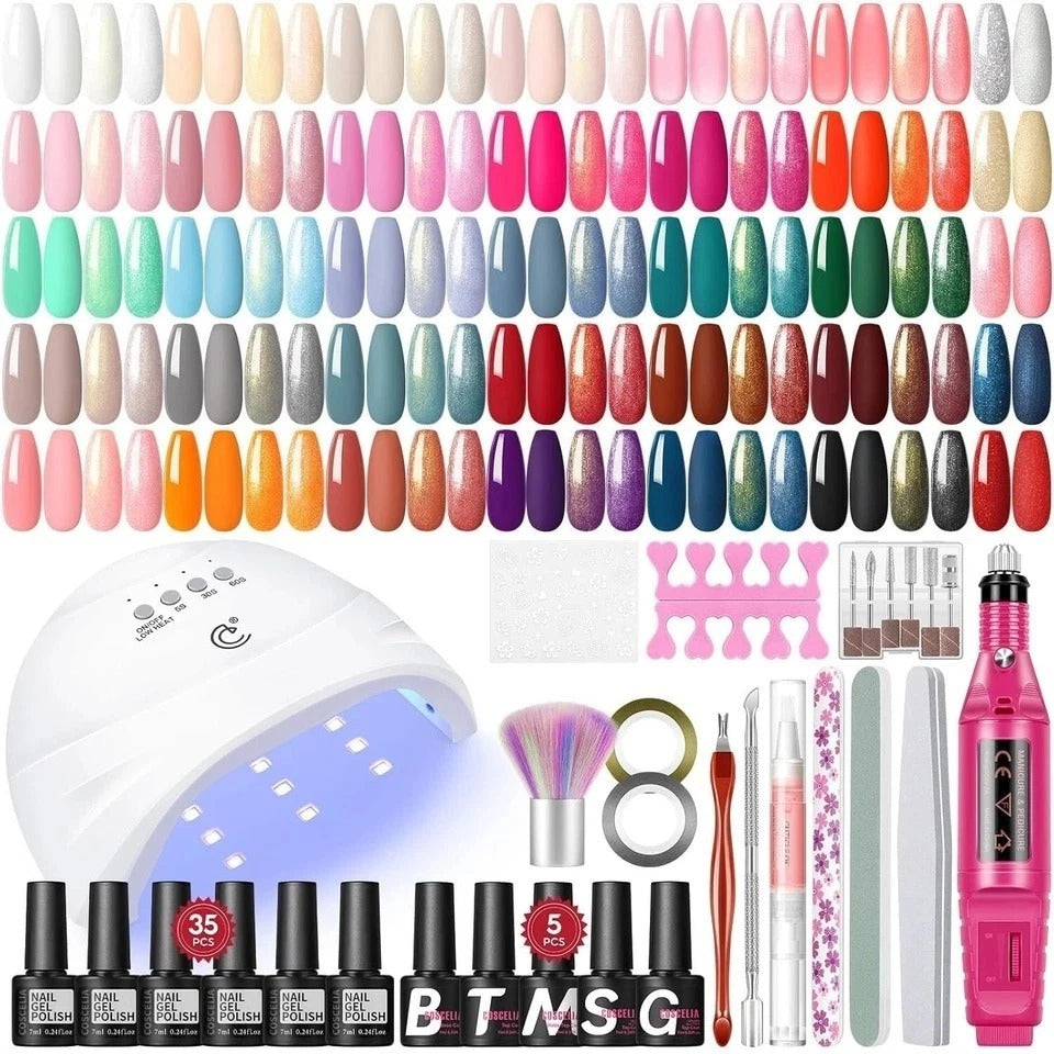 Professional 35-Color Gel Nail Polish Kit with UV Light & Nail Drill Included