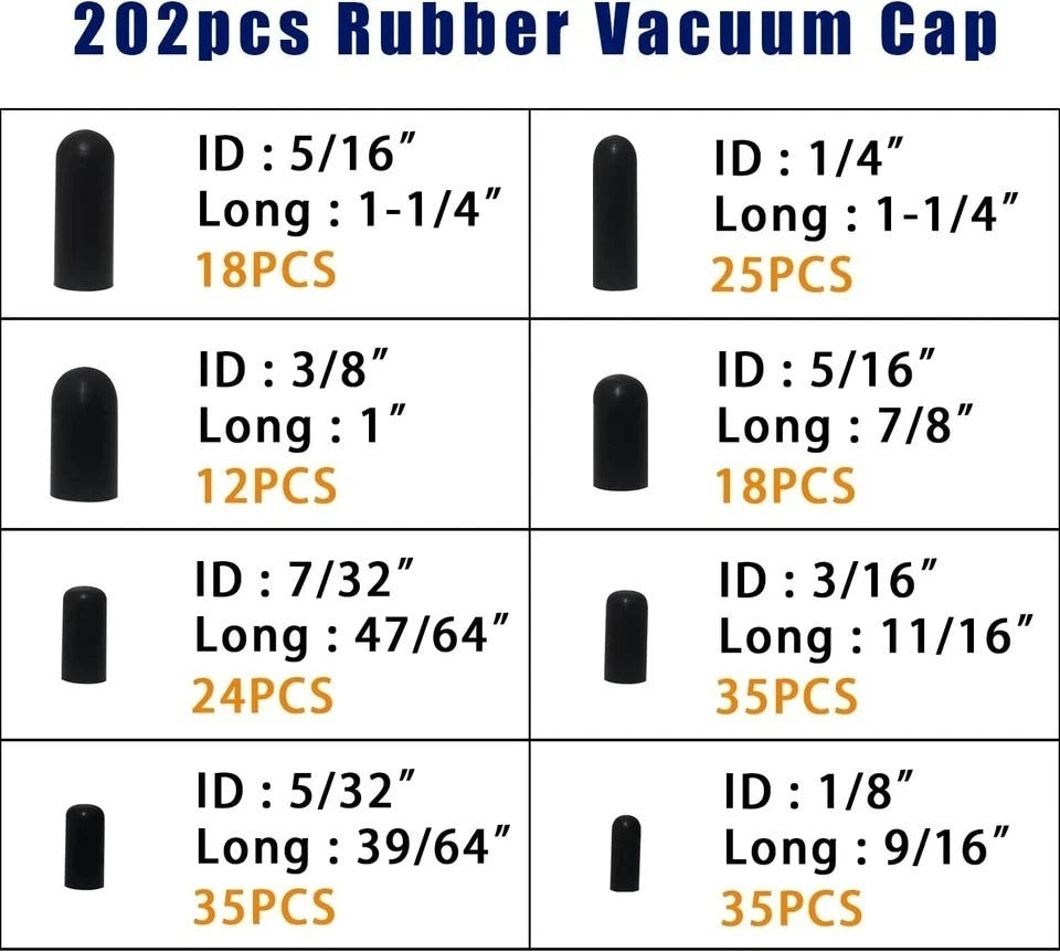 Vacuum Caps Rubber Plug Kit - 202 PCS 8 Size Assorted Vacuum Plugs Hose End Caps