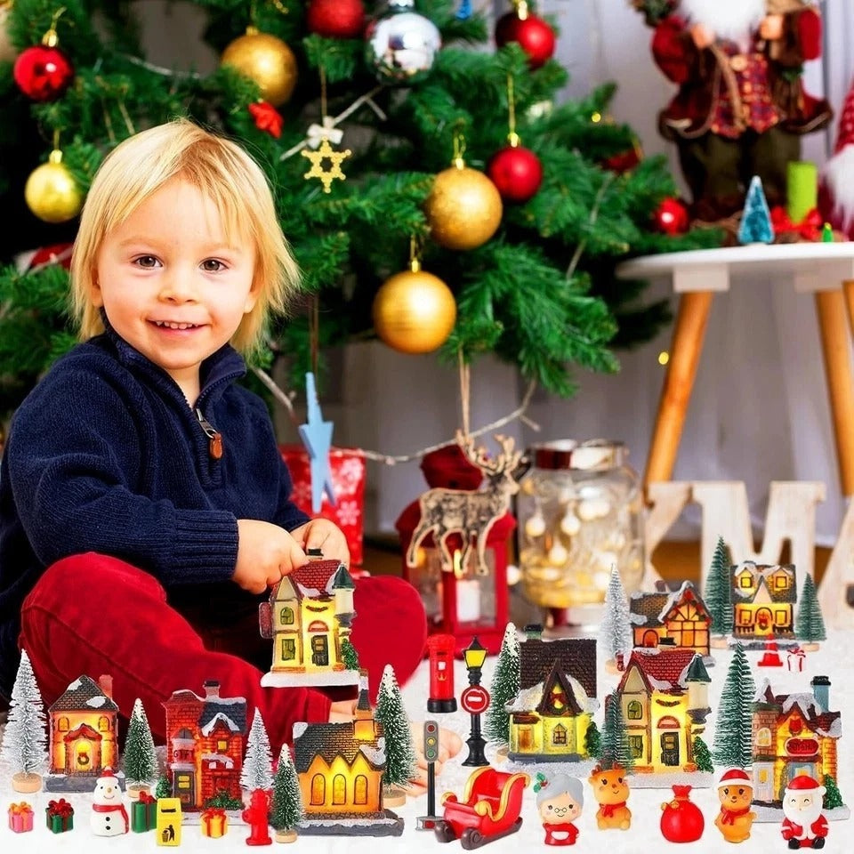 40 Pcs Christmas Village Sets Christmas Village Houses LED Holiday Village Fi...
