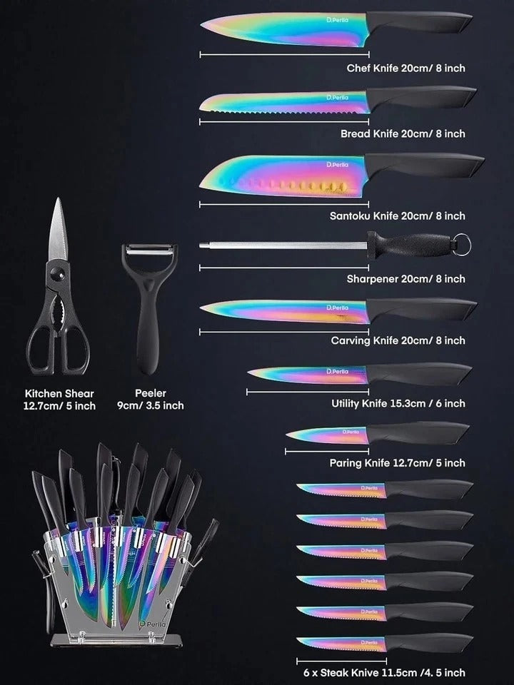 Rainbow Titanium Coated Knife Set 16 Pieces Ergonomic Handles for Kitchen
