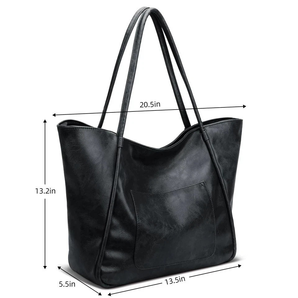 Large Leather Tote Bag for Women - Zipper Travel Purse - Black