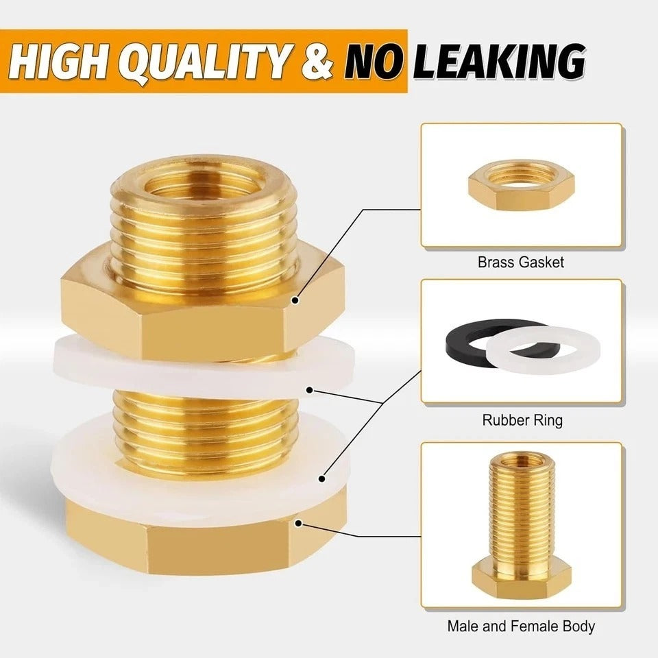 2-Pack Solid Brass Bulkhead Fittings 1/4 NPT Taper Female 3/4" Straight Male