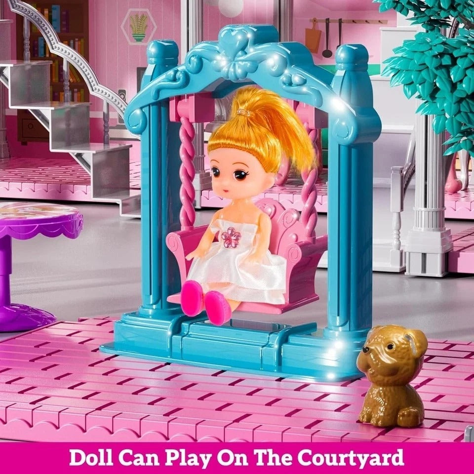 Villa Playset for Girls Ages 3-7, 4-Story 12 Room House with 2 Dolls, Furniture