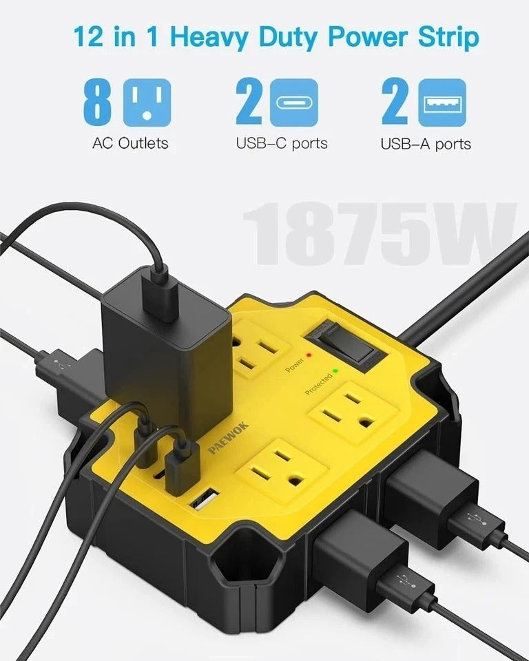 8-Outlets Heavy Duty Power Strip with 4 USB Ports(2 USB-C), Industrial Magneti