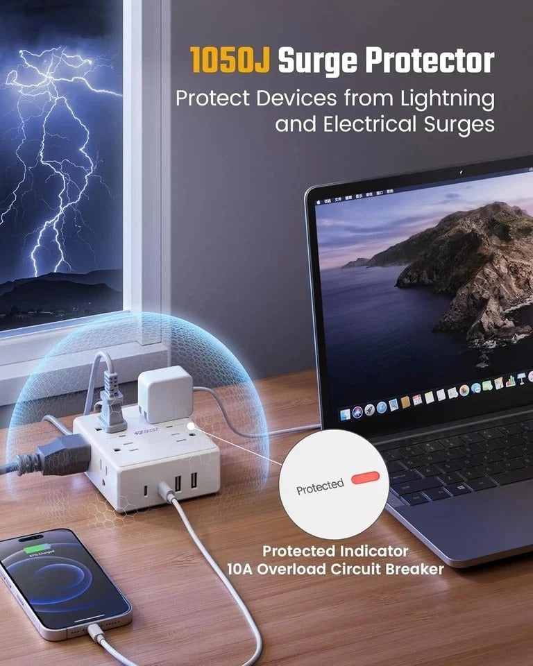 10Ft Extension Cord with Multiple Outlets, Flat Plug Surge Protector Power Strip