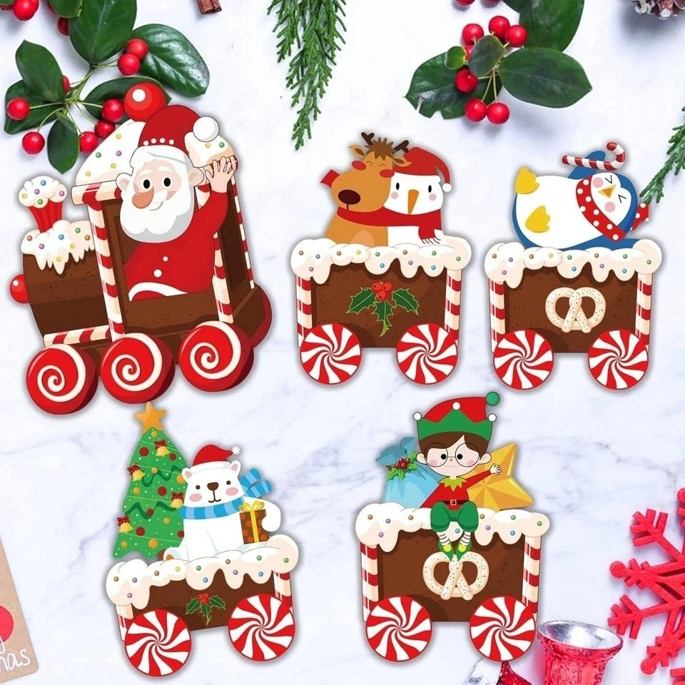 5 Pcs Christmas Decorations Outdoor Lighted up Xmas Yard Elf Snowman Train Set