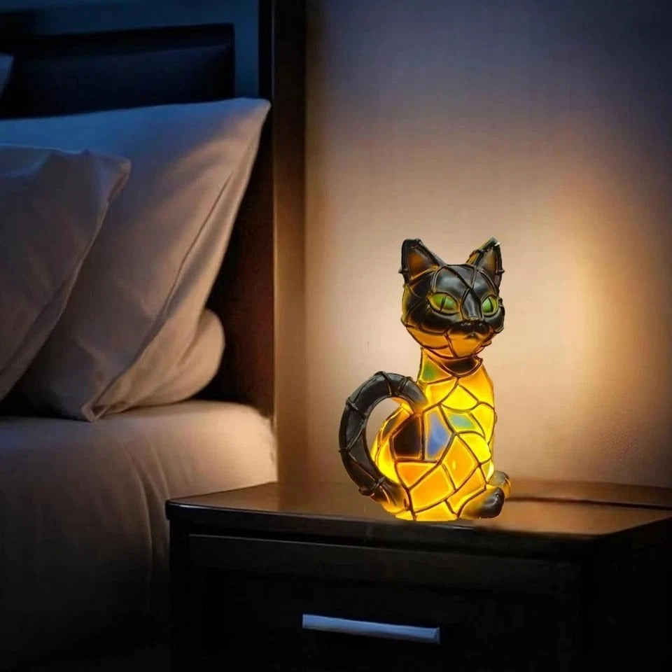 Cat Lamp,Retro Cats Stained Resin Cat Tabletop Night Light,Stained Animal Lam...