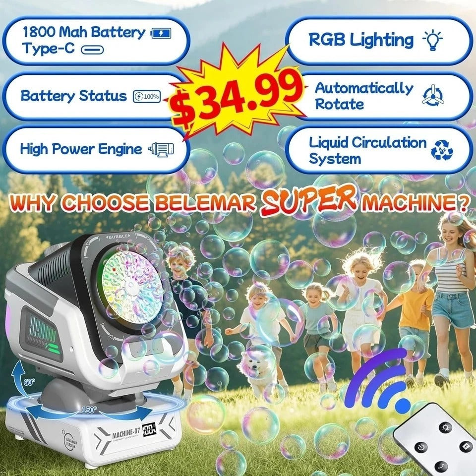 2025 Upgraded Bubble Machine with Remote Control Automatic Rotation & RGB Lig...