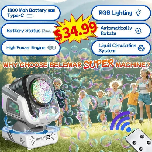 2025 Upgraded Bubble Machine with Remote Control Automatic Rotation & RGB Lig...