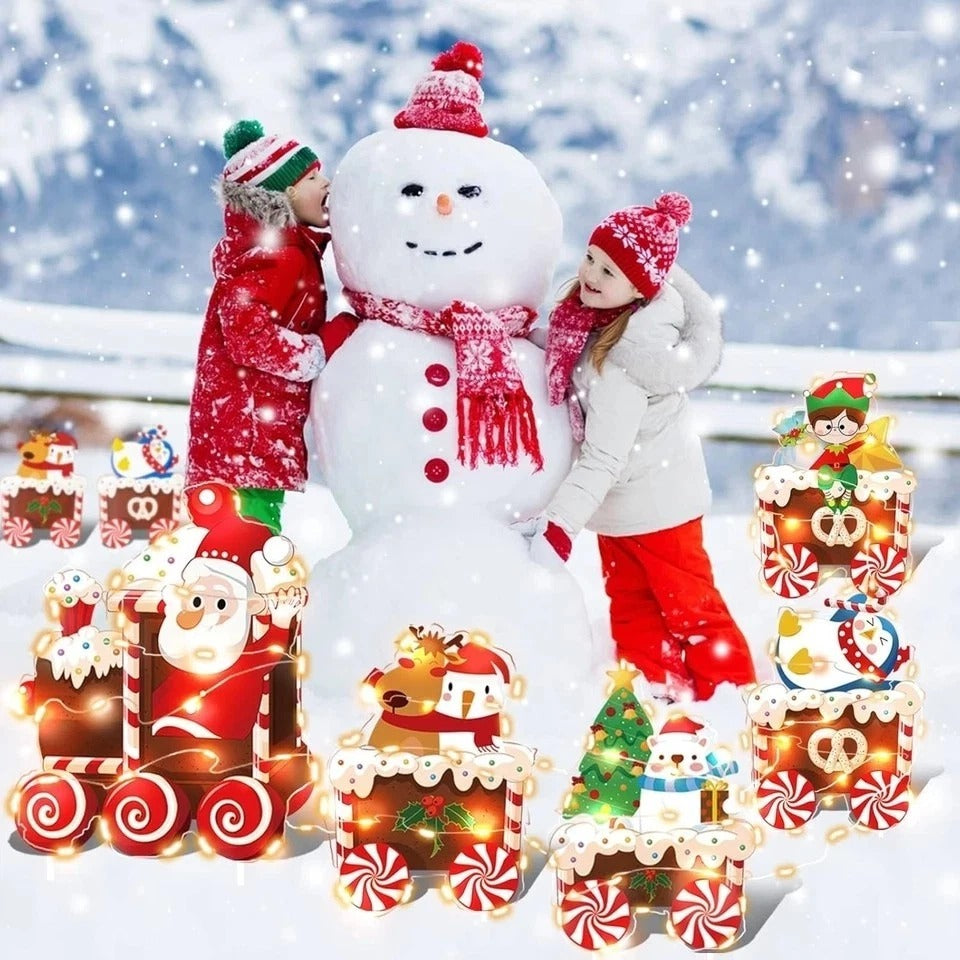 5 Pcs Christmas Decorations Outdoor Lighted up Xmas Yard Elf Snowman Train Set