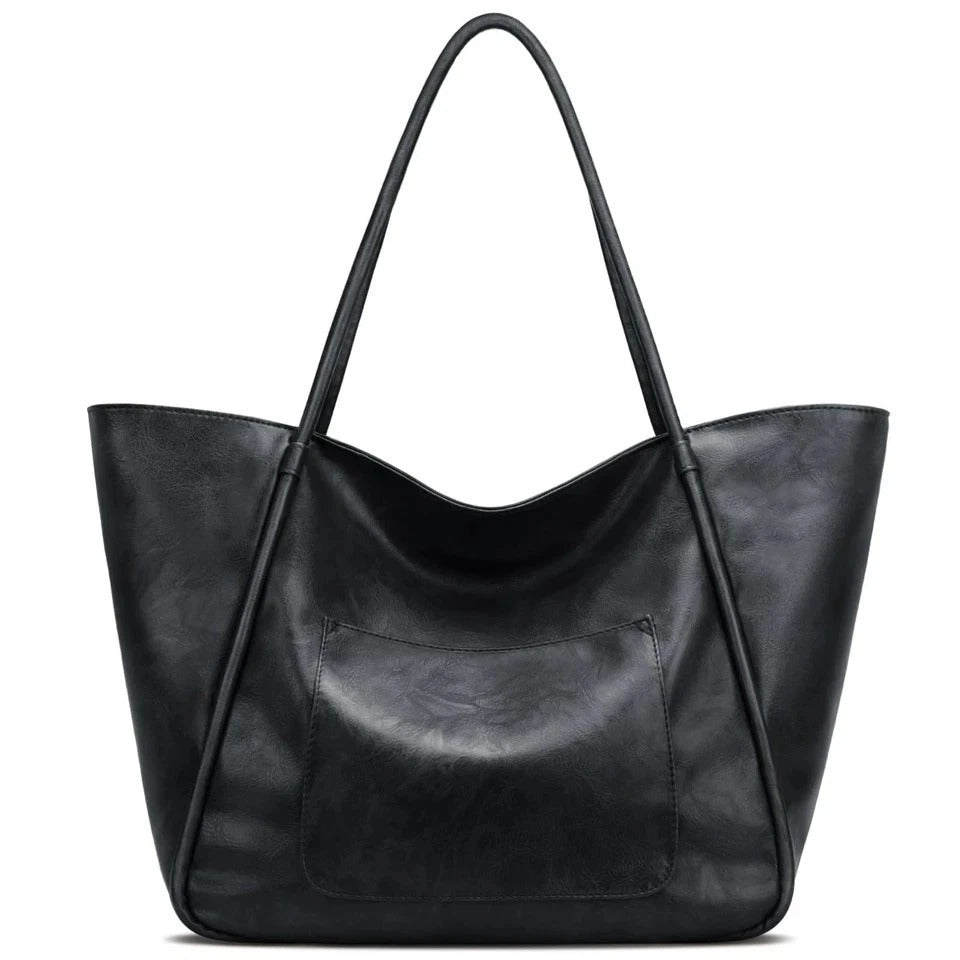 Large Leather Tote Bag for Women - Zipper Travel Purse - Black