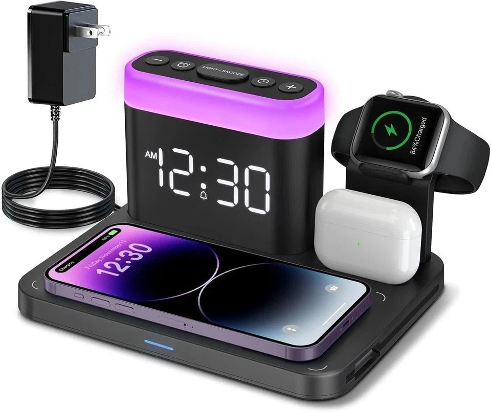 5-in-1 Wireless Charging Station with Alarm Clock & Night Light for iPhone & Wat