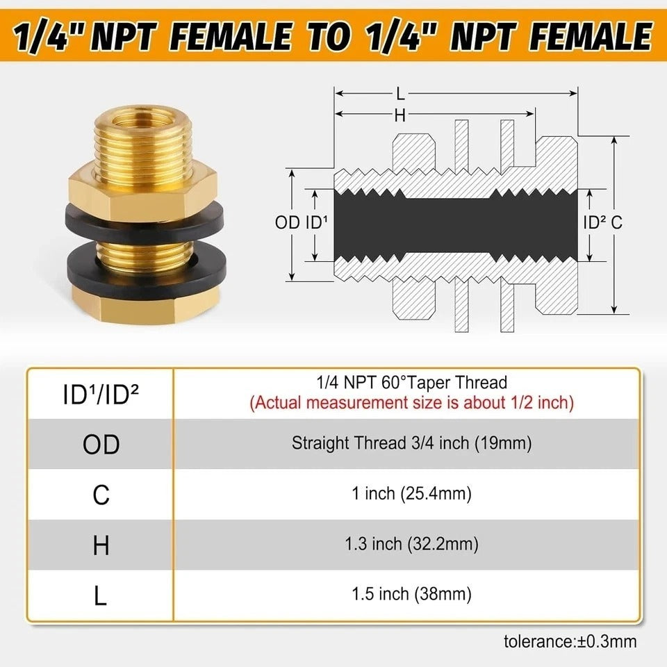 2-Pack Solid Brass Bulkhead Fittings 1/4 NPT Taper Female 3/4" Straight Male