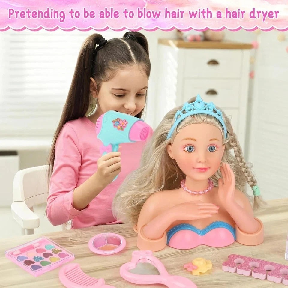 Hair Styling Doll Head Makeup Kit Girls Toys,Pretend Play Hair Salon Toy with Re