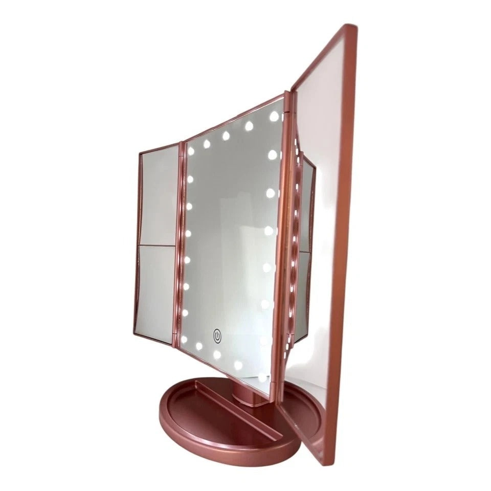 Tri-Fold Lighted Vanity Makeup Mirror 22 LED 1x 2x 3x Rose Gold USB Dimmable New