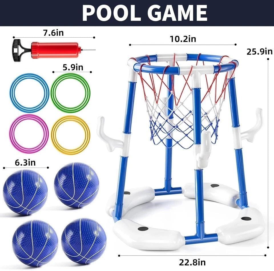 Pool Basketball Hoop, 2-In-1 Floating Pool Toys Ring Game with 4 Balls and Pump,