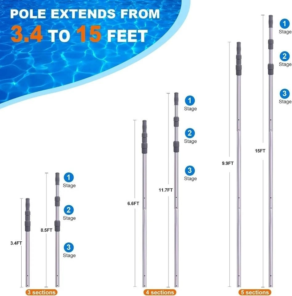 Pool Pole - Professional 15 Foot Telescoping Swimming Pool Cleaning Poles,Adj..