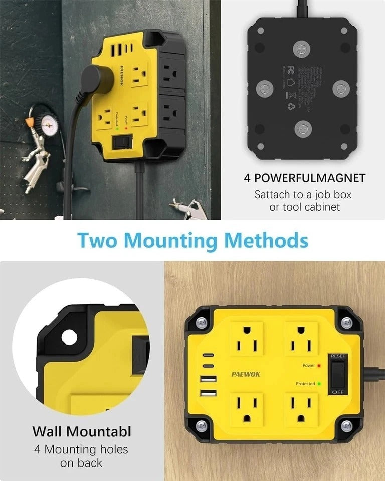 8-Outlets Heavy Duty Power Strip with 4 USB Ports(2 USB-C), Industrial Magneti