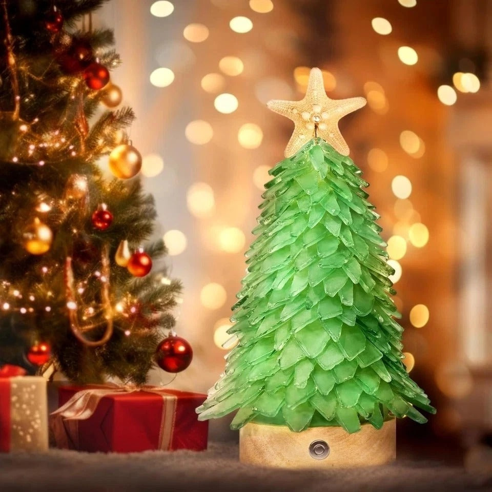 Green Sea Glass Christmas Tree - Handcrafted Mini Christmas Tree with 3-Color LE