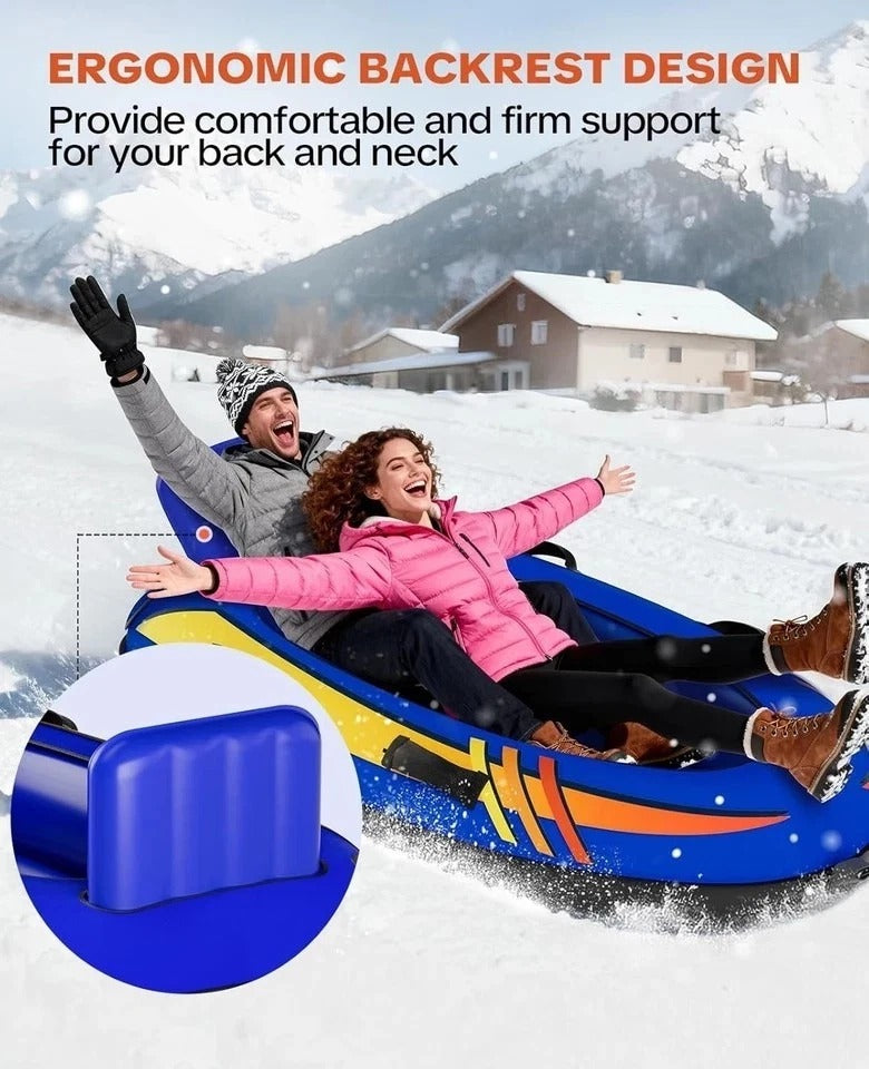 2 Person Inflatable Snow Sled with Premium Canvas Cover, Snow Tubes for Sledding