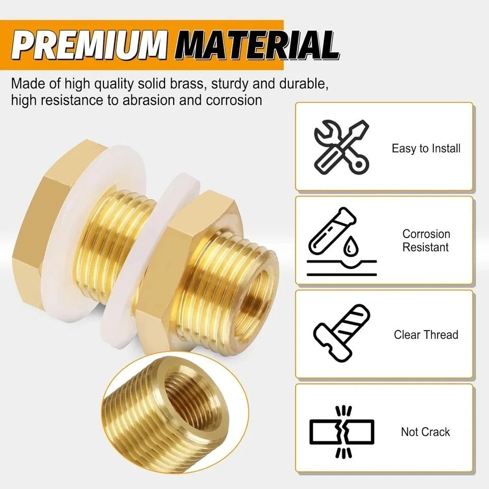 2-Pack Solid Brass Bulkhead Fittings 1/4 NPT Taper Female 3/4" Straight Male