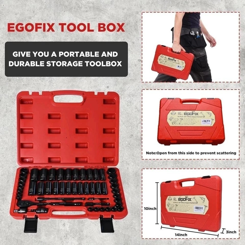 3/8 In. 50 Piece 6 Point Impact Socket Ratchet Drive and Metric Set