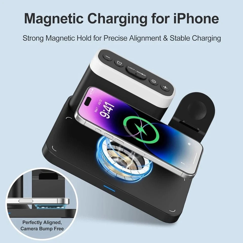 5-in-1 Wireless Charging Station with Alarm Clock & Night Light for iPhone & Wat