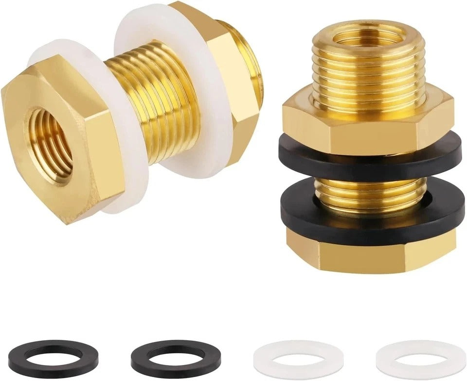 2-Pack Solid Brass Bulkhead Fittings 1/4 NPT Taper Female 3/4" Straight Male