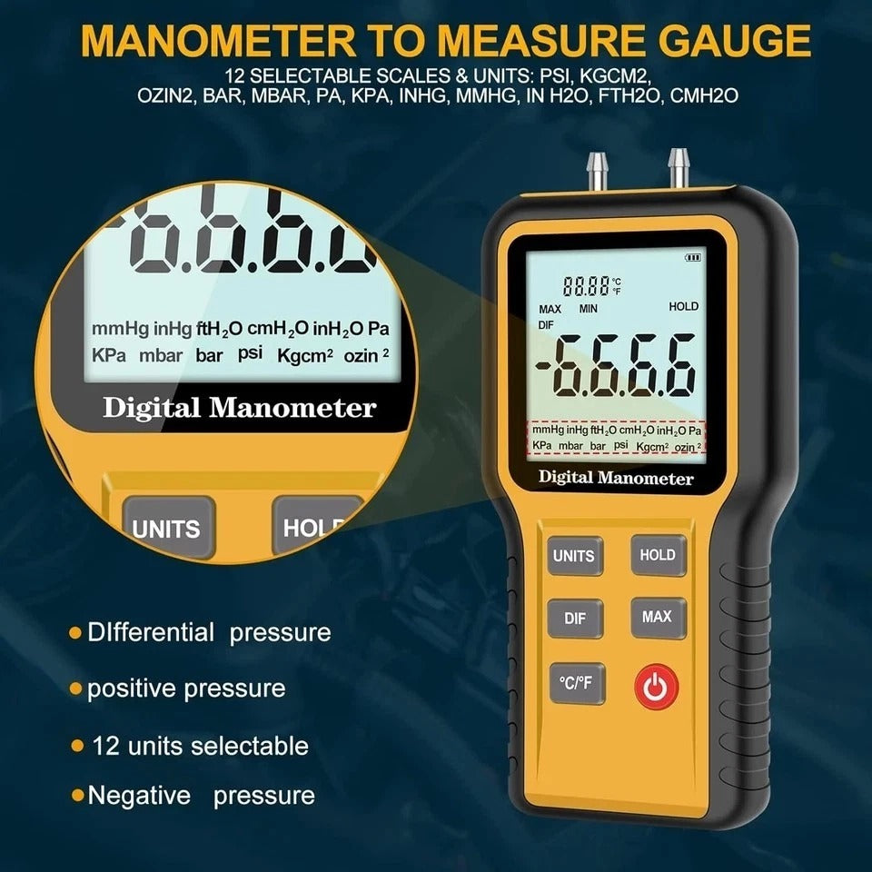 Manometer, Professional Air Pressure Meter, Dual-Port HVAC Digital Manometer Gas