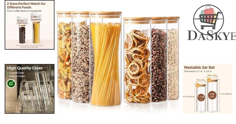Versatile Tall Glass Jars Set of 6 - Perfect for Pasta, Flour, and Nuts Storage