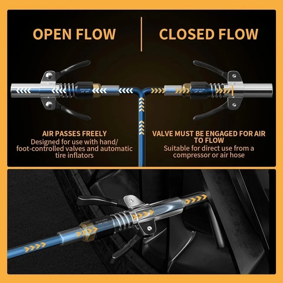 Locking Air Chuck, Heavy Duty Open Flow with Six Steel Jaws, Locks onto Any Tire