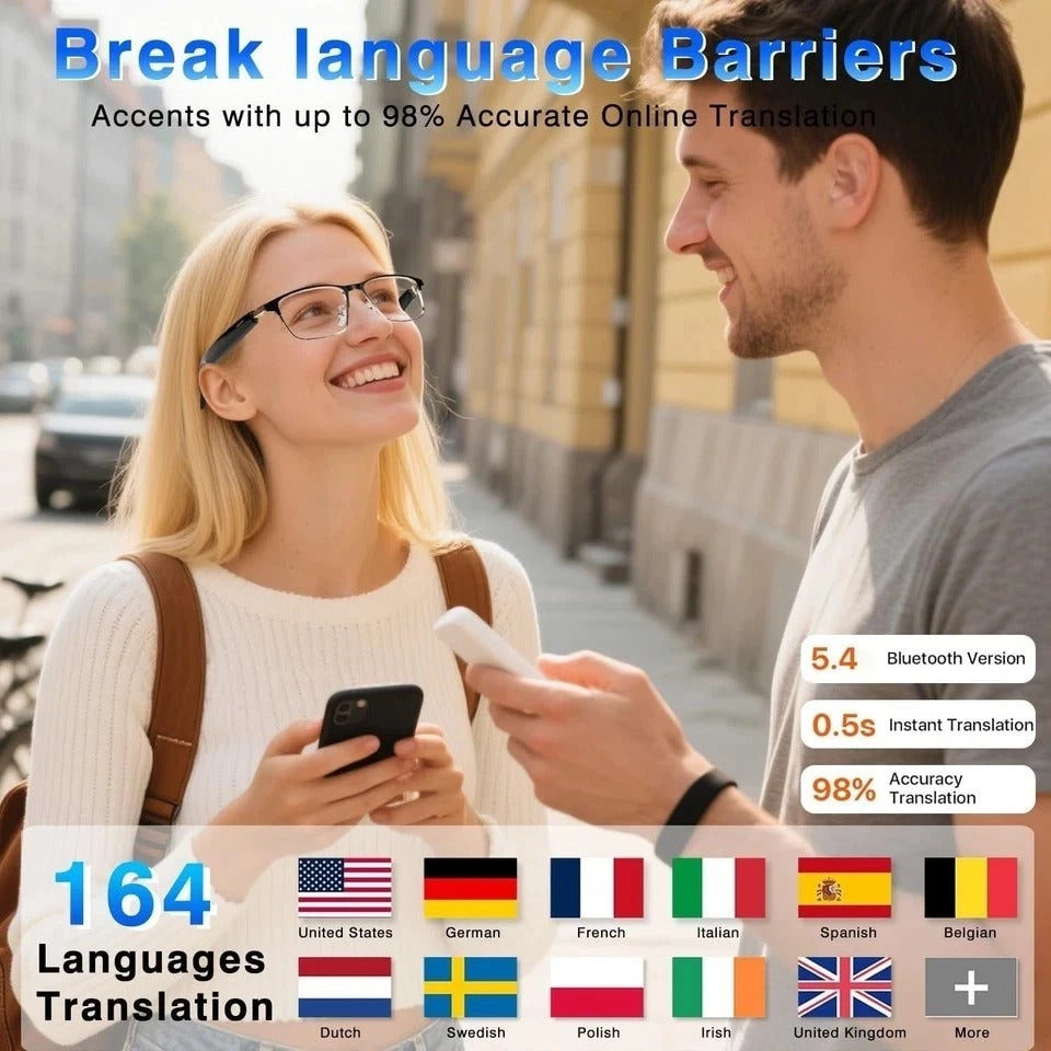 Ai Translation Smart Glasses Bluetooth 5.4 with 164 Language & Accents, Translat