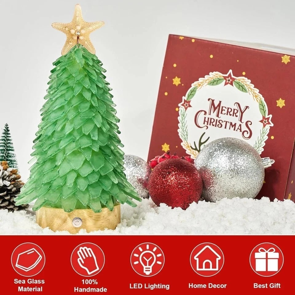 Green Sea Glass Christmas Tree - Handcrafted Mini Christmas Tree with 3-Color LE