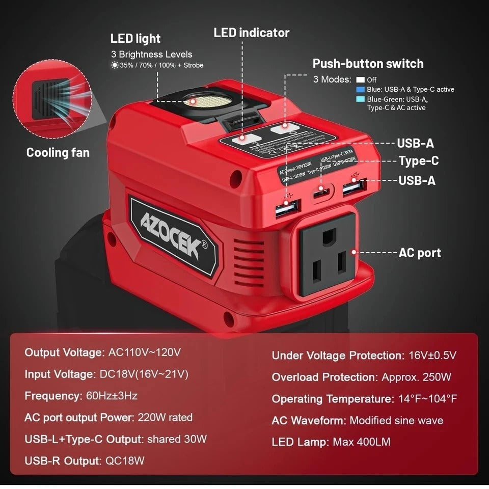 220W Portable Power Inverter for Milwaukee 18V Battery AC 110V USB Ports