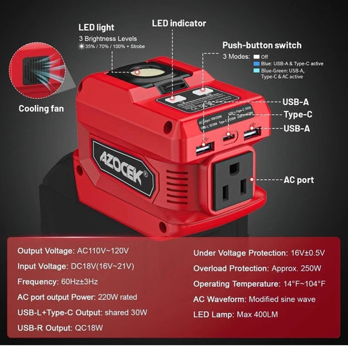 220W Portable Power Inverter for Milwaukee 18V Battery AC 110V USB Ports