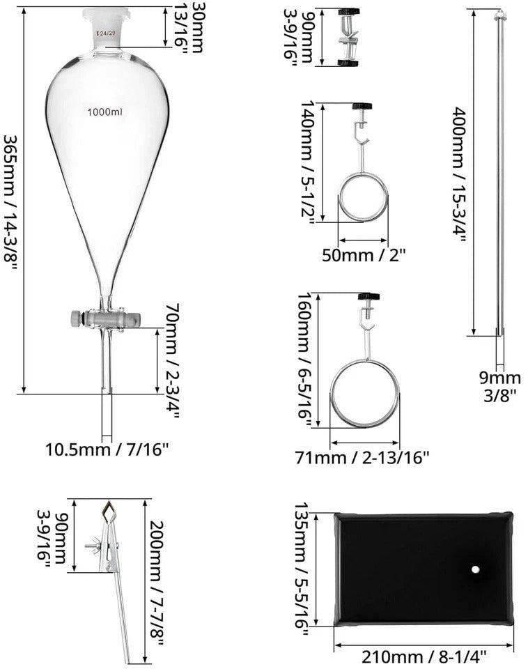 1000ml Heavy Wall Conical Separating Funnel with 24/29 Fitting and PTFE Stopc...