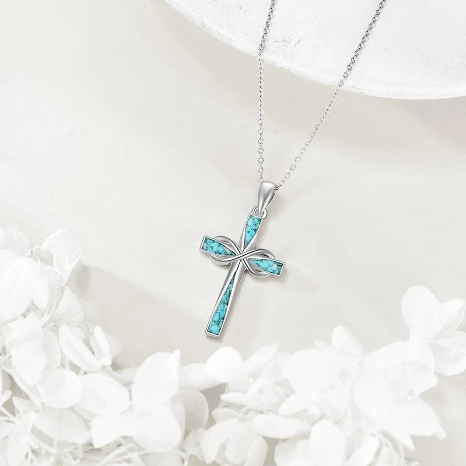 Cross Necklace 925 Sterling Silver Turquoise Cross Pendant Necklace Religious...